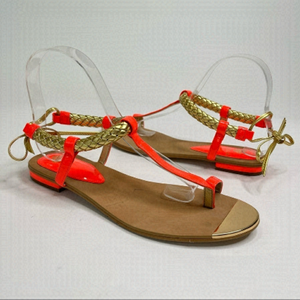 NEW Isolá Bright Neon Coral Cleopatra Gold Braided Tie Back Thong Sandals